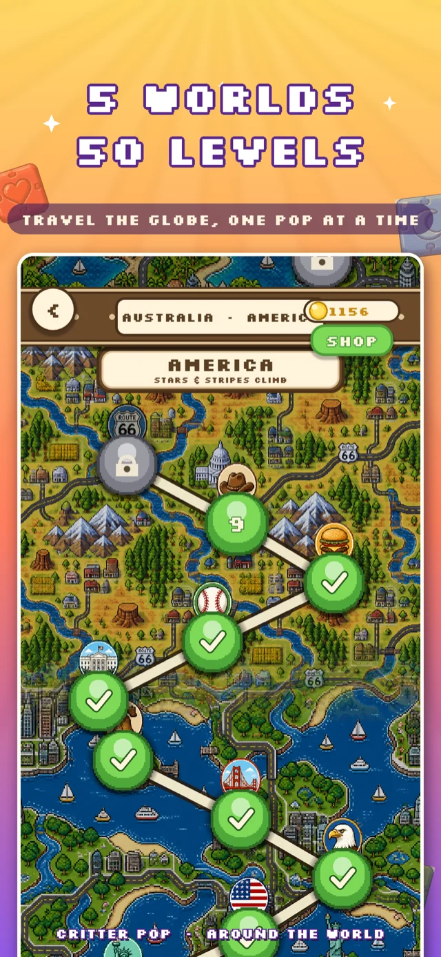 Critter Pop world map — 5 worlds, 50 levels